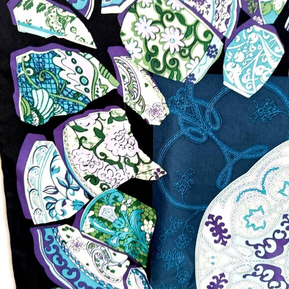 Vintage Chinese Pottery Print Blue Purple Hand Rolled Silk Scarf - Picture 4 of 5